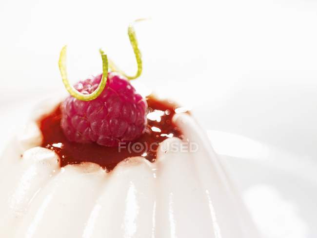 Vista de cerca de vainilla Blancmange con salsa de frambuesa y ralladura de lima - foto de stock