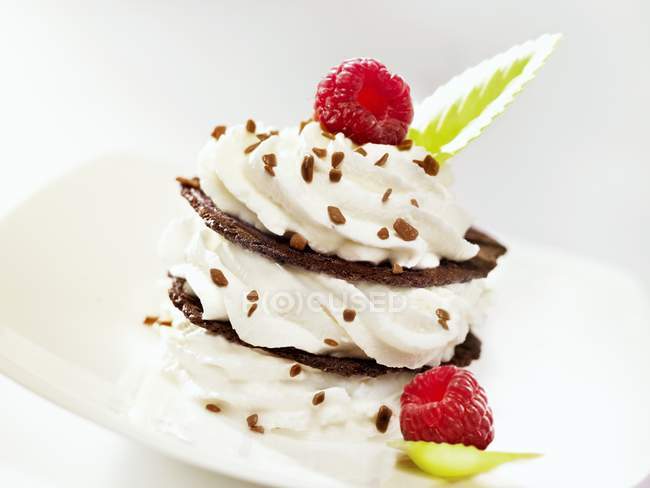 Closeup view of chocolate wafer and cream garnished with raspberries — Stock Photo