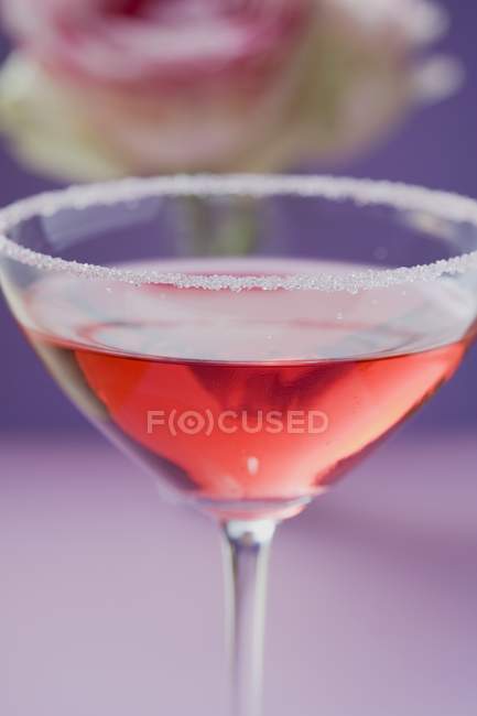 Vista de perto de licor de rosa em vidro com aro açucarado — Fotografia de Stock