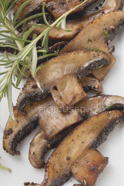 Closeup view of fried Portobello mushrooms with rosemary — Stock Photo