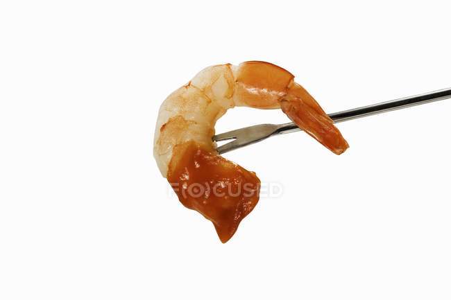 Camarão mergulhado em molho de coquetel em garfo — Fotografia de Stock
