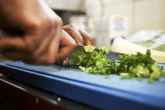 Couper les oignons de printemps au couteau dans les mains sur la planche à découper bleue — Photo de stock