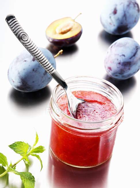 Plum jam in jar — Stock Photo