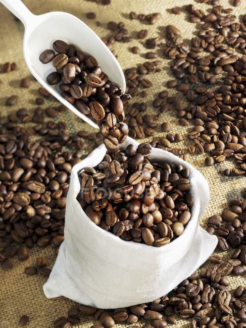 Verser les grains de café dans le sac — Photo de stock