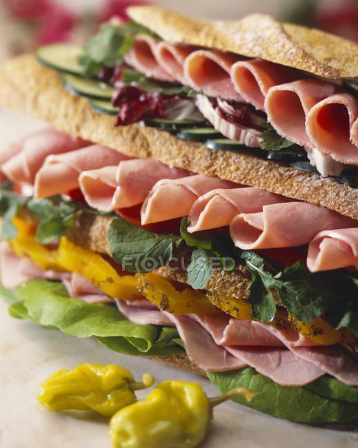 Club Sandwich con carne e insalata stesa su superficie bianca — Foto stock