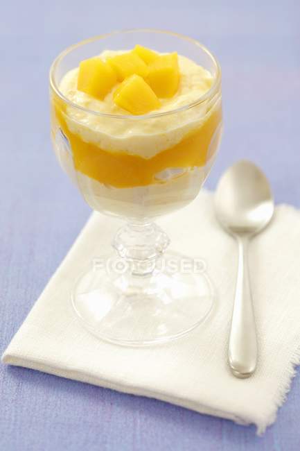 Mango mousse on napkin on table — Stock Photo