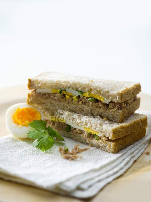Tuna and egg sandwiches laying on paper napkins — Stock Photo
