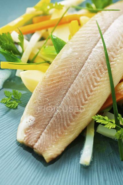 Poached trout with root vegetables — Stock Photo