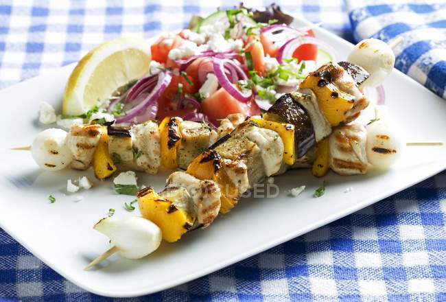 Chicken kebabs with salad — Stock Photo
