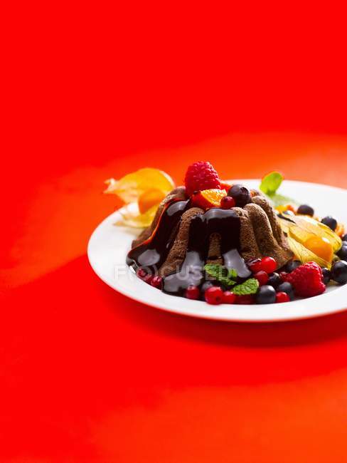 Chocolate pudding with fruit and chocolate sauce — Stock Photo