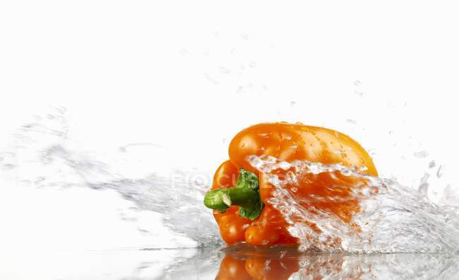 Poivre orange avec éclaboussures d'eau — Photo de stock