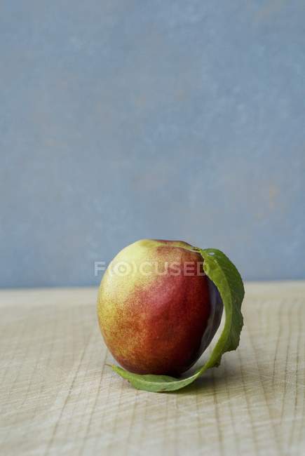 Nectarina fresca recogida con hoja - foto de stock