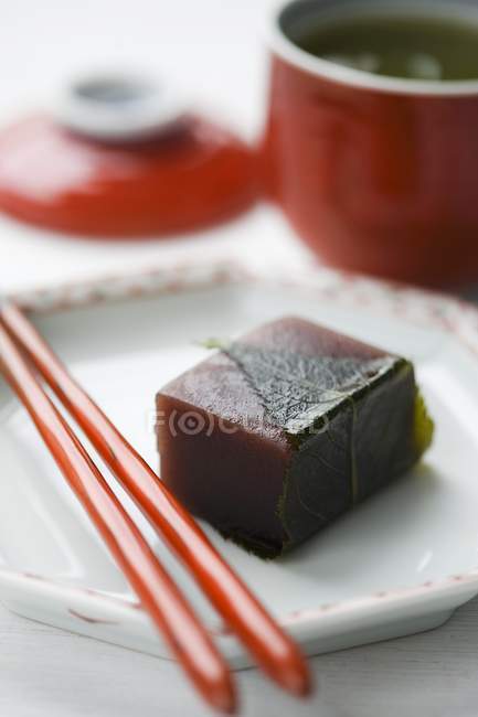 Closeup view of chestnut Wagashi with Shiso leaf — Stock Photo