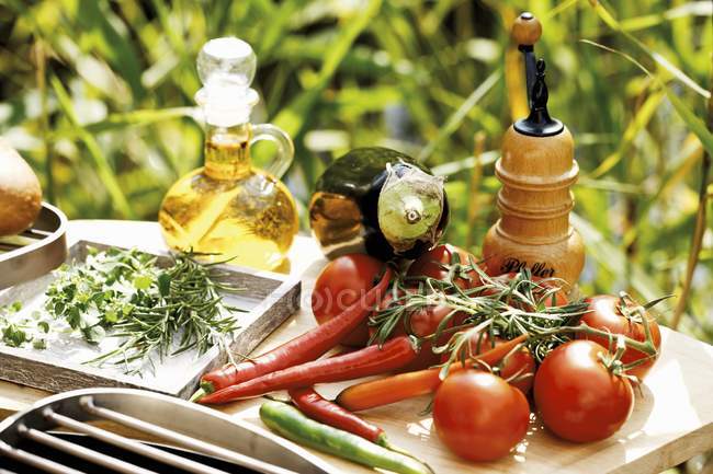 Fresh vegetables, herbs and ingredients for a barbecue outdoors — Stock Photo