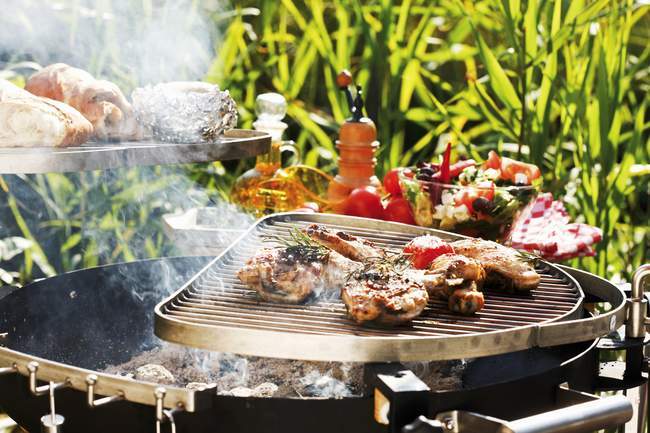 Vue diurne des cuisses de poulet sur barbecue en plein air — Photo de stock