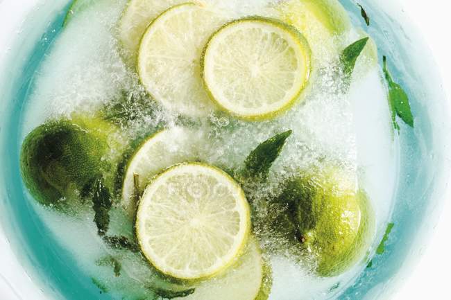 Lime e foglie di menta in blocchi di ghiaccio — Foto stock