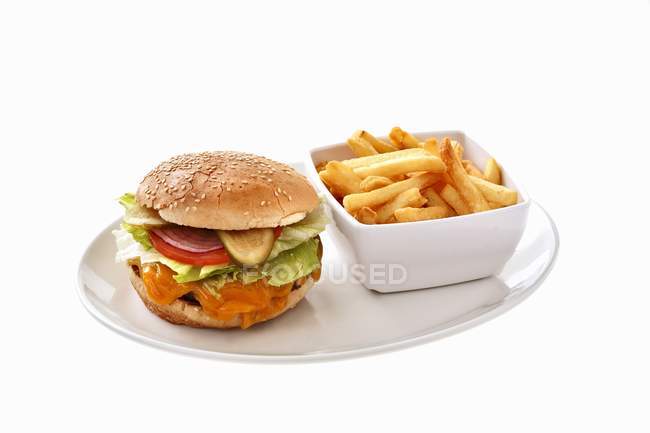 Cheeseburger with potato fries — Stock Photo