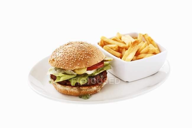 Lamb burger with potato fries — Stock Photo