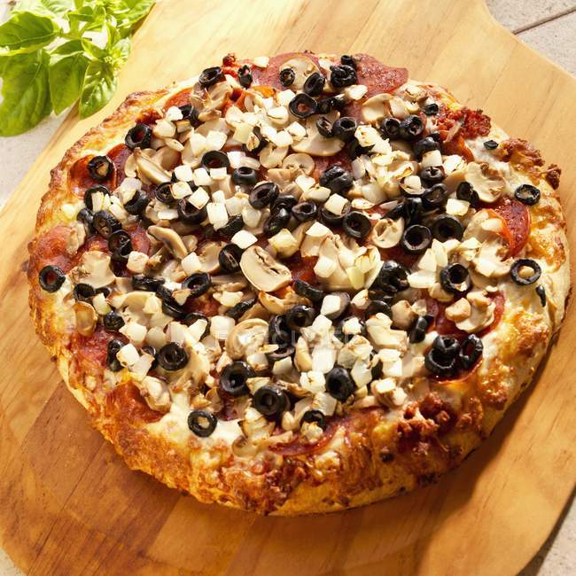 Pizza mit Oliven und Peperoni — Stockfoto