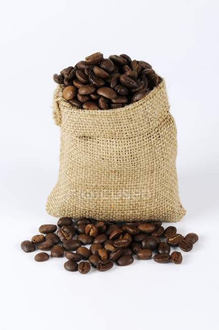 Grains de café dans un petit sac — Photo de stock