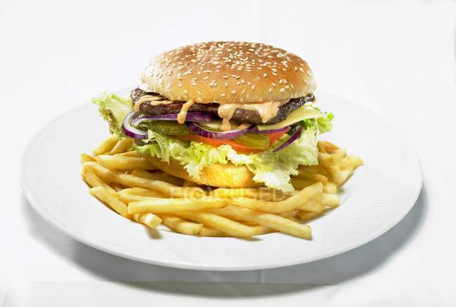 Hamburger and potato fries — Stock Photo