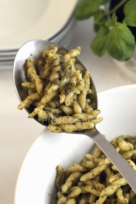 Trofie pasta with basil pesto — Stock Photo