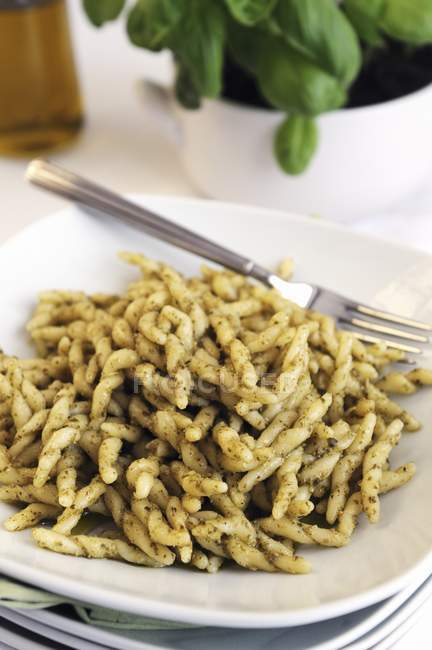 Trofie pasta with basil pesto — Stock Photo