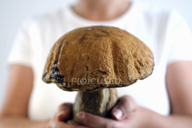 Donna che tiene grandi funghi porcini — Foto stock