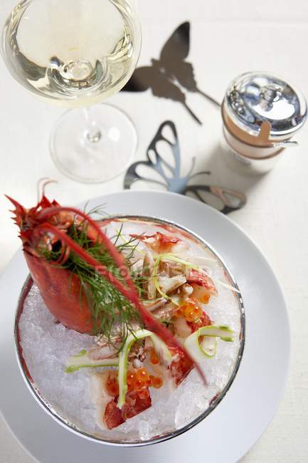 Closeup top view of Australian lobster with herbs in ice — Stock Photo