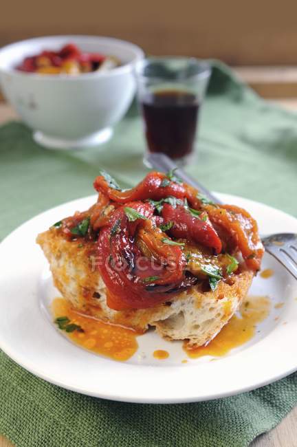 Sweet peppers on a bruschetta — Stock Photo