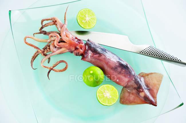 Calamar rouge avec tranches de lime — Photo de stock