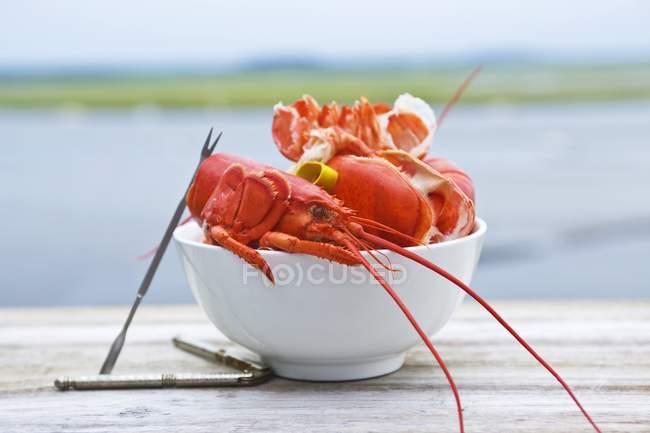 Closeup view of cooked lobsters in bowl on wooden table outdoors — Stock Photo