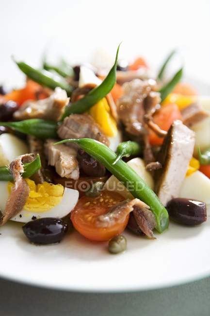 Salade nioise sur assiette blanche — Photo de stock