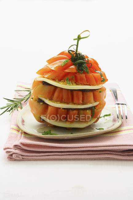 Tomato and Scamorza tower — Stock Photo