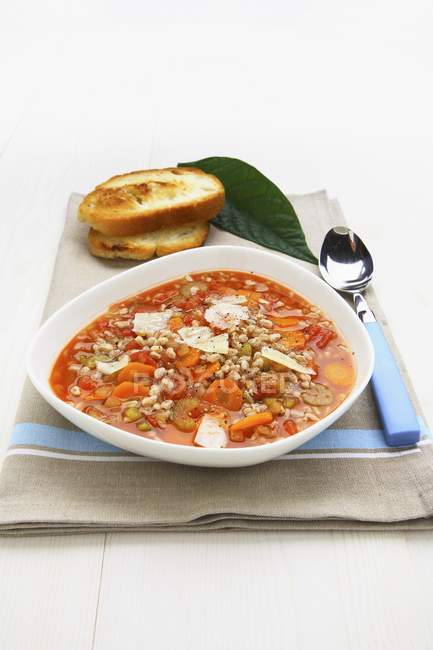 Zuppa di farro e verdure - Спелт и овощной суп на белой тарелке на полотенце с ложкой — стоковое фото