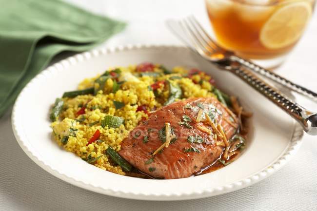 Salmon in miso sauce with vegetable couscous — Stock Photo