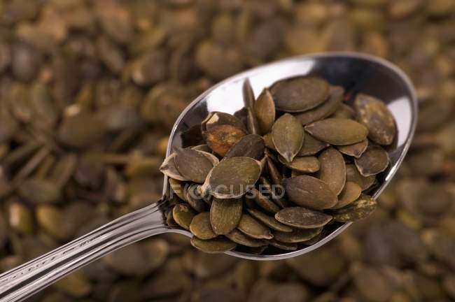Closeup view of brown pumpkin seeds on spoon — Stock Photo