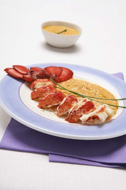 Крупним планом вид на м'ясо омарів з соусом на тарілці — стокове фото