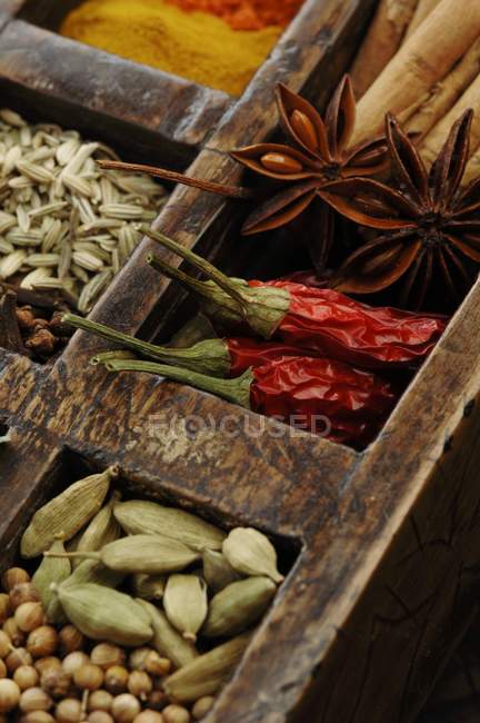 Vue rapprochée d'épices assorties dans une boîte en bois — Photo de stock