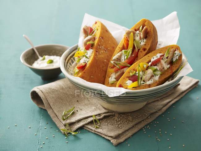 Filled flatbreads in dish, — Stock Photo
