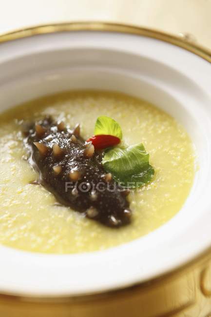 Closeup view of sea cucumber soup with herb — Stock Photo