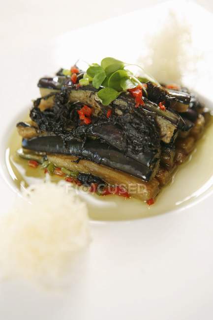 Fried eggplant on white plate — Stock Photo