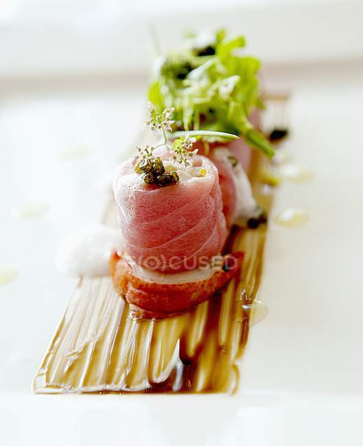 Closeup view of vanilla lobster with caviar and herbs — Stock Photo