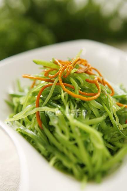 Vue rapprochée du fil de salade de concombre vert dans un bol — Photo de stock