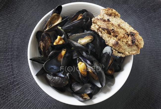 Steamed mussels with bread — Stock Photo