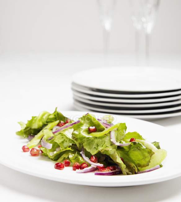 Closeup view of salad with onions and pomegranate seeds — Stock Photo