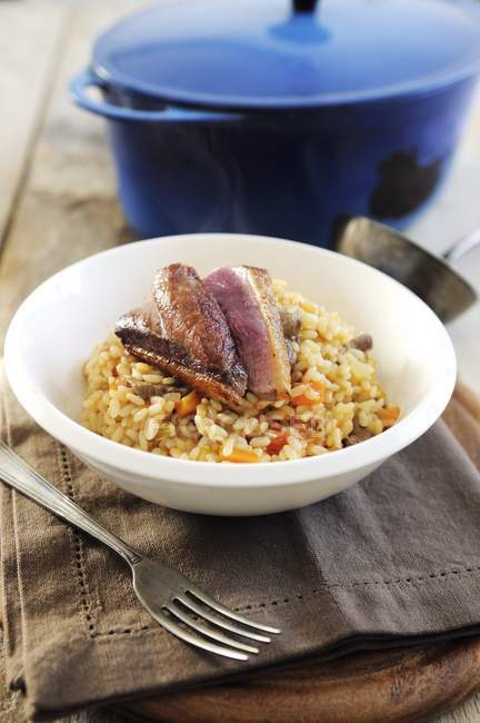 Risotto rice with wild duck breast — Stock Photo