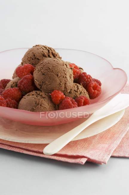 Chocolate ice cream with raspberries — Stock Photo