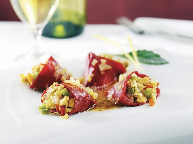 Stuffed Piquillo Pepper Appetizer with White Wine — Stock Photo
