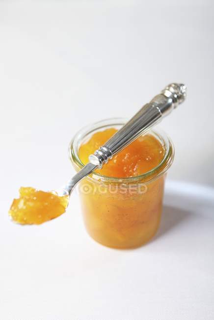 Apricot and vanilla jam in jar — Stock Photo